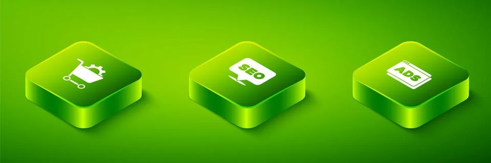 Set Isometric SEO optimization, Advertising and Shopping cart icon. Vector イラスト素材