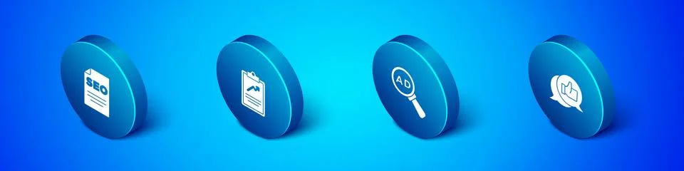 Set Isometric SEO optimization, Advertising, Customer product rating and Stock Illustration