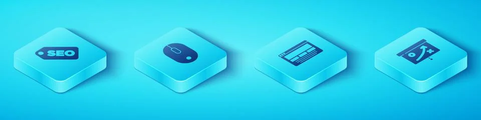 Set Isometric SEO optimization, Computer mouse, Planning strategy concept and UI Stock Illustration