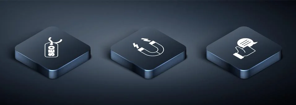 Set Isometric SEO optimization, Customer product rating and Magnet icon. Vector 스톡 일러스트