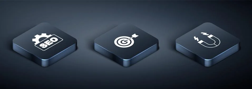 Set Isometric SEO optimization, Magnet and Target icon. Vector Stock Illustration