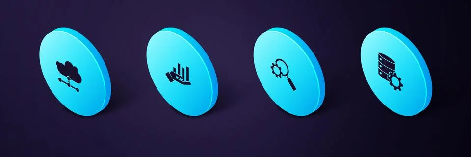 Set Isometric Server and gear, Magnifying glass, Pie chart infographic and 스톡 일러스트