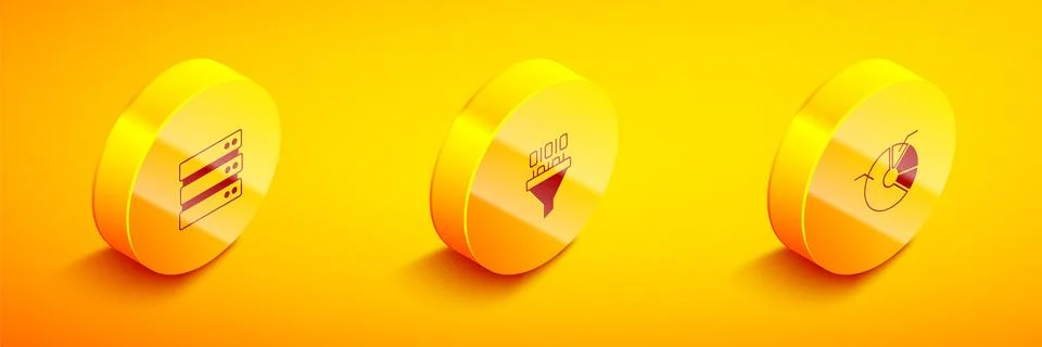 Set Isometric Server, Binary code and Pie chart infographic icon. Vector Stock Illustration