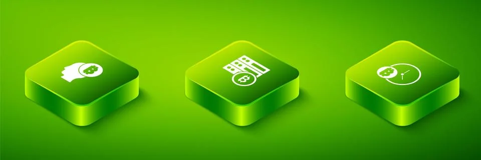 Set Isometric Server bitcoin, Bitcoin with clock and think icon. Vector Stock Illustration