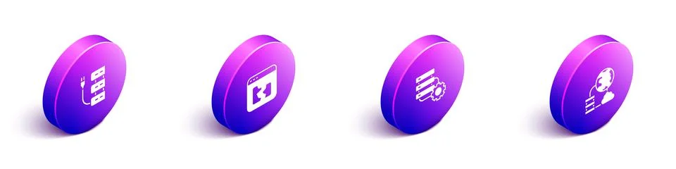 Set Isometric Server, Broken file, and gear and Network cloud connection icon Illustrazione stock