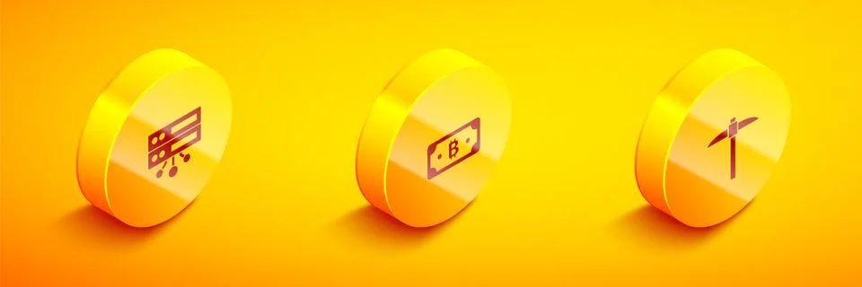 Set Isometric Server, Cryptocurrency bitcoin and Pickaxe icon. Vector Illustrazione stock