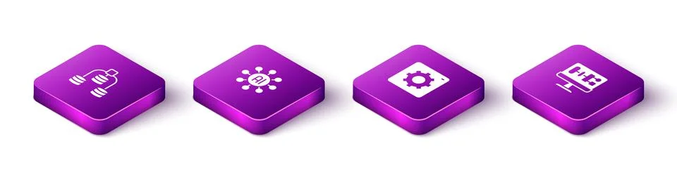 Set Isometric Server, Data, Neural network, Computer api interface and Algorithm Stock Illustration