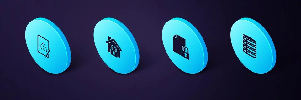 Set Isometric Server, Data, Web Hosting, Document and lock, House under Stock Illustration