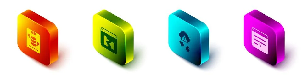 Set Isometric Server, Data, Web Hosting, Broken file, Cloud hacking and Browser Stock Illustration