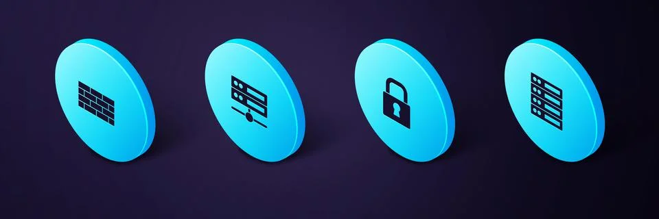 Set Isometric Server, Data, Web Hosting, Lock,  and Firewall, security wall i Stock Illustration
