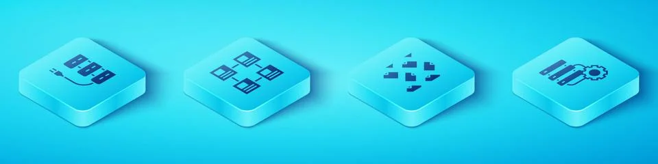 Set Isometric Server, Hierarchy organogram chart, and gear and Data stream icon Stock Illustration
