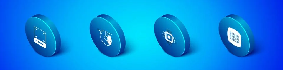 Set Isometric Server, Processor CPU, Binary code and Pie chart infographic icon 스톡 일러스트