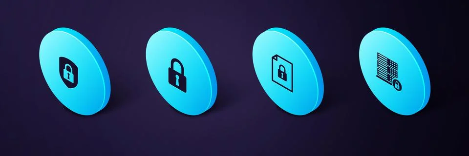 Set Isometric Server security with lock, Document and, Lock and Shield icon Illustrazione stock