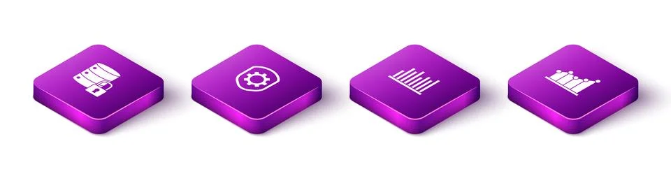 Set Isometric Server security with lock, Shield settings gear, Pie chart Stock Illustration
