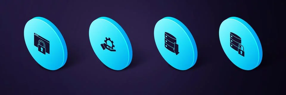 Set Isometric Server security with lock, Server, Data, Web Hosting, Hand sett Ilustración de archivo