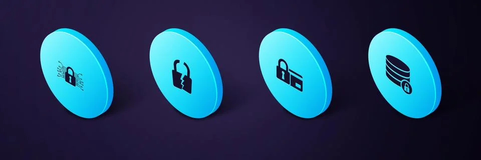 Set Isometric Server security with lock, Credit card, Broken or cracked and C Stockillustratie