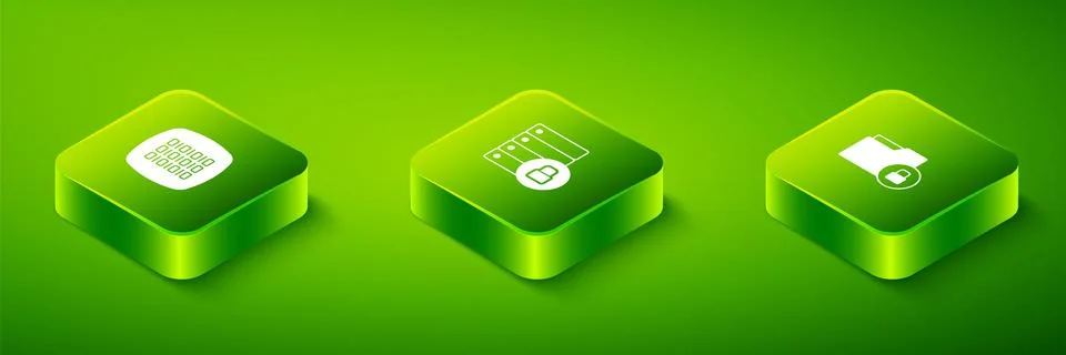 Set Isometric Server security with padlock, Folder and and Binary code icon Stock Illustration