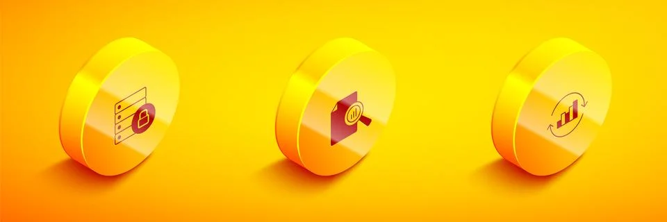 Set Isometric Server security with padlock, Document graph chart and Pie in.. Illustrazione stock
