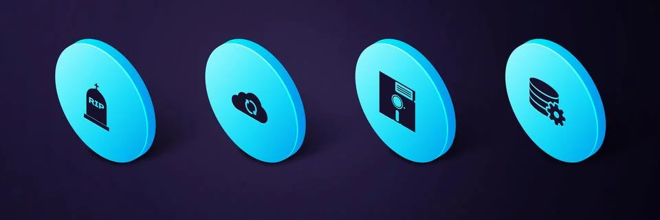 Set Isometric Setting database server, Floppy disk the 5.25-inch, Cloud sync  Stockillustratie