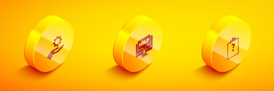 Set Isometric Settings in the hand, Computer monitor help and Clipboard with Stock Illustration