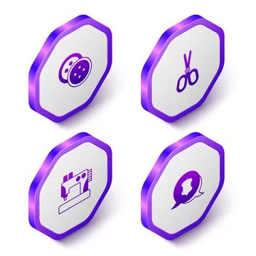 Set Isometric Sewing button for clothes, Scissors, machine and Leather icon 스톡 일러스트