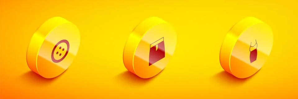 Set Isometric Sewing button for clothes, Skirt and Woman dress icon. Vector Stock Illustration