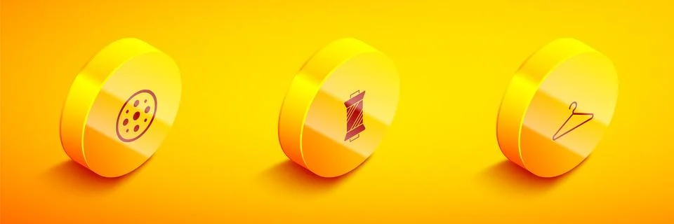 Set Isometric Sewing button, thread spool and Hanger wardrobe icon. Vector イラスト素材