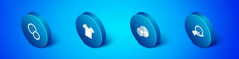Set Isometric Sewing button, Yarn ball, and T-shirt icon. Vector Illustrazione stock