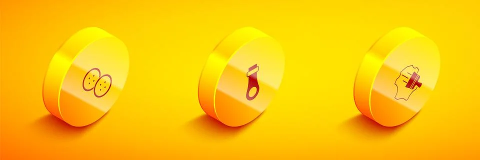 Set Isometric Sewing button, Zipper and Leather icon. Vector Illustrazione stock