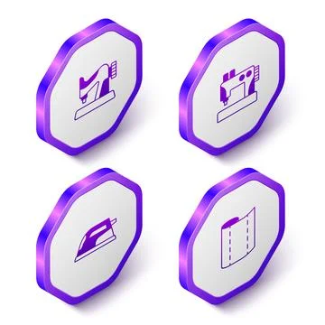 Set Isometric Sewing machine, Electric iron and Textile fabric roll icon. Purple Illustrazione stock