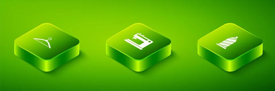 Set Isometric Sewing machine, thread and Hanger wardrobe icon. Vector イラスト素材
