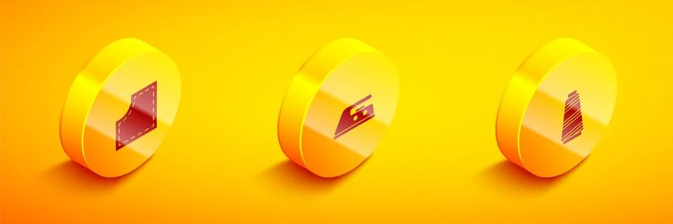 Set Isometric Sewing Pattern, Electric iron and thread icon. Vector Stock Illustration