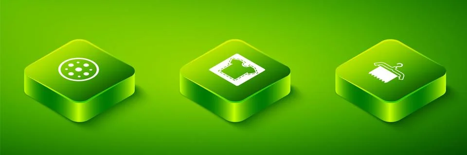 Set Isometric Sewing pattern, Hanger wardrobe and button icon. Vector Stockillustratie