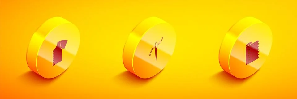 Set Isometric Sewing pattern, Needle with thread and Textile fabric roll icon Stock Illustration