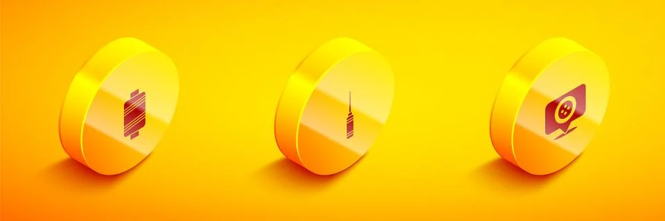 Set Isometric Sewing thread, Awl tool and Location tailor shop icon. Vector Stock Illustration