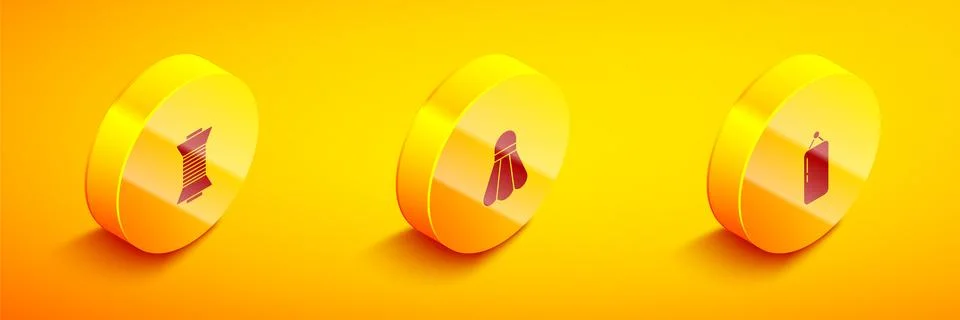 Set Isometric Sewing thread on spool, Badminton shuttlecock and Punching bag Illustrazione stock