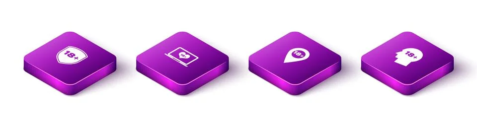 Set Isometric Shield with 18 plus, Laptop content, Location and Head icon Stock-Illustration