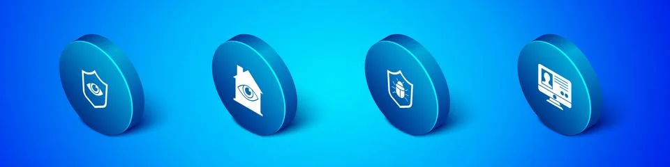 Set Isometric Shield and eye, System bug, Create account screen and House with Stock Illustration