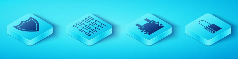 Set Isometric Shield, Binary code, Safe combination lock and Bulletproof vest Stock Illustration