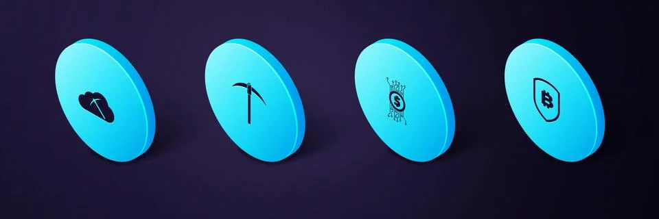 Set Isometric Shield with bitcoin, Cryptocurrency circuit, Pickaxe and cloud Stock Illustration
