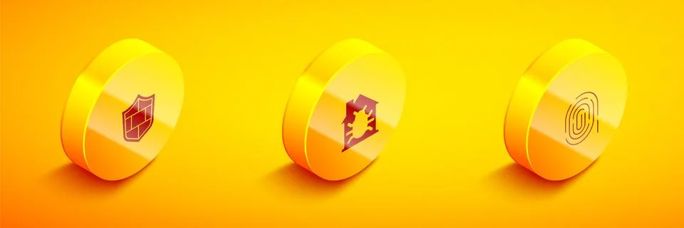 Set Isometric Shield with brick wall, House system bug and Fingerprint icon Stock Illustration