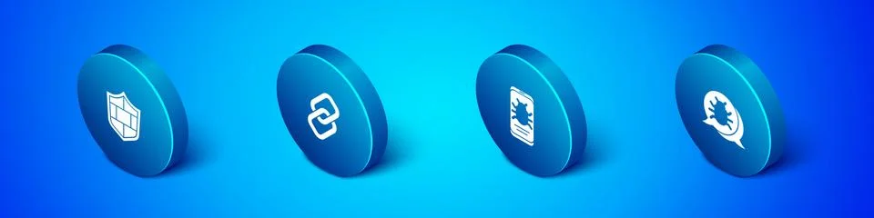 Set Isometric Shield with brick wall, System bug on mobile, and Chain link icon Stock-Illustration