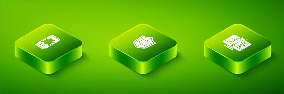 Set Isometric Shield with brick wall, System bug on monitor and mobile icon Stock-Illustration