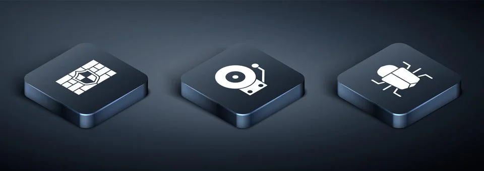 Set Isometric Shield with brick wall, System bug and Ringing alarm bell icon. Stock-Illustration