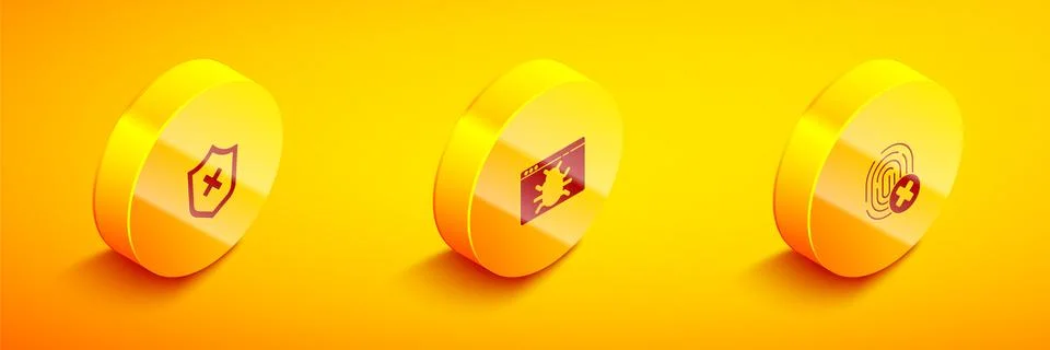 Set Isometric Shield with cross mark, System bug and Cancelled fingerprint icon Stock-Illustration