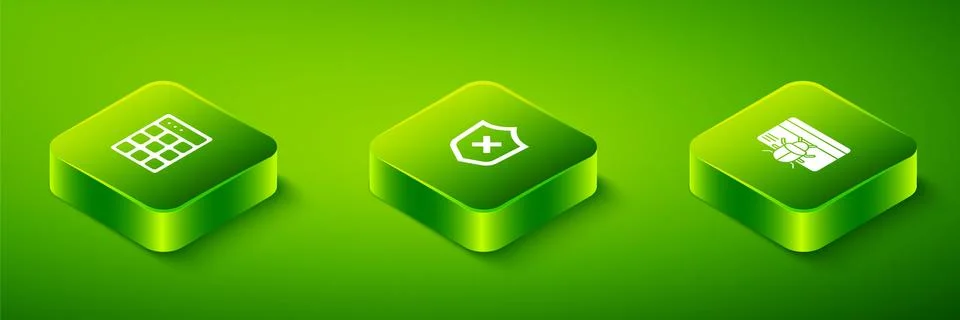 Set Isometric Shield with cross mark, System bug in credit card and Password Illustrazione stock