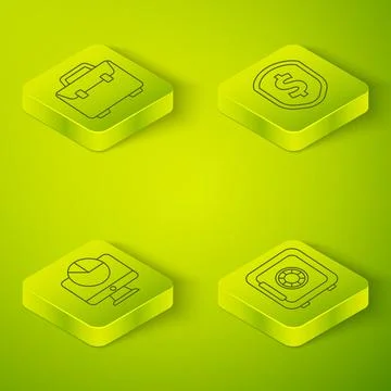 Set Isometric Shield with dollar, Computer monitor with graph chart, Safe and Stock-Illustration