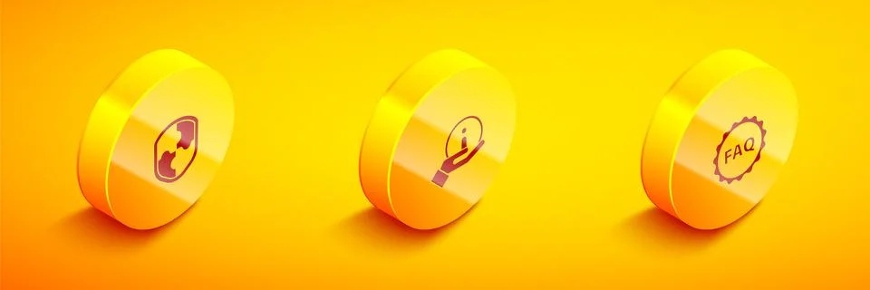 Set Isometric Shield, Information and Label with text FAQ icon. Vector Stock Illustration