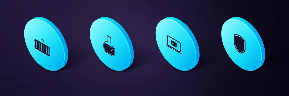 Set Isometric Shield, Laptop with envelope, Test tube and flask and Heating Stock Illustration