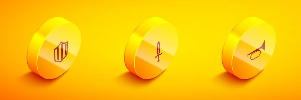 Set Isometric Shield, Medieval sword and Trumpet icon. Vector Stock Illustration